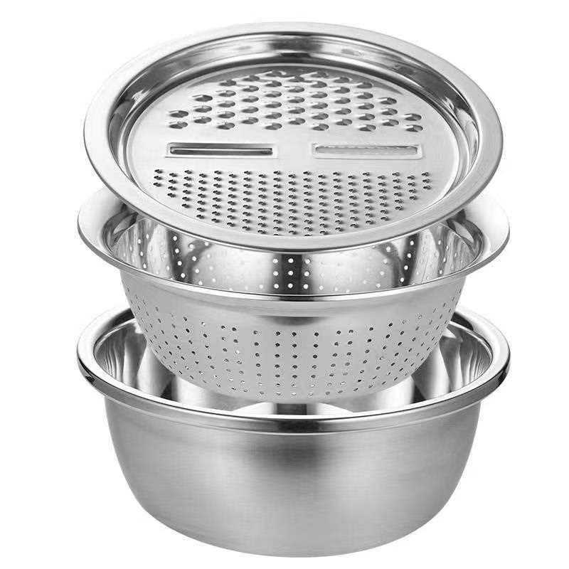 3pcs Stainless Steel Kitchen Tools Set – Chopper, Slicer, Grater & Drain Basin