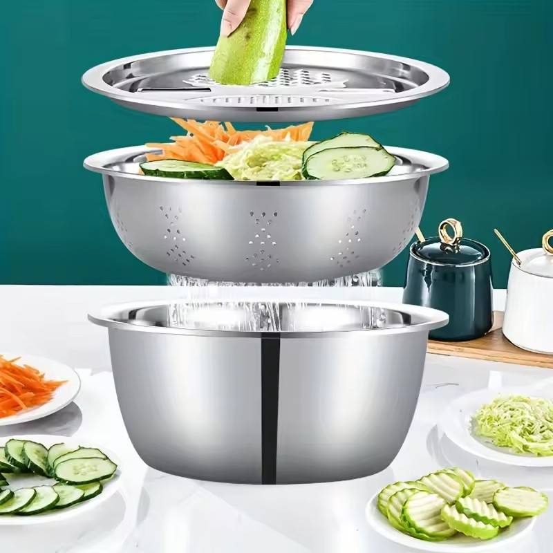 3pcs Stainless Steel Kitchen Tools Set – Chopper, Slicer, Grater &amp; Drain Basin