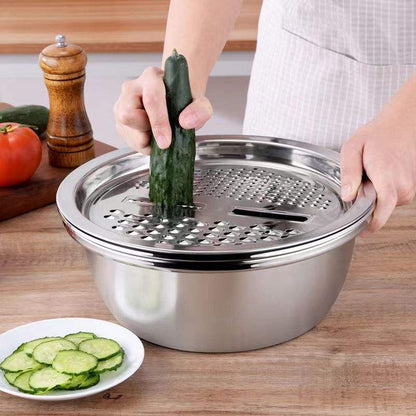 3pcs Stainless Steel Kitchen Tools Set – Chopper, Slicer, Grater &amp; Drain Basin