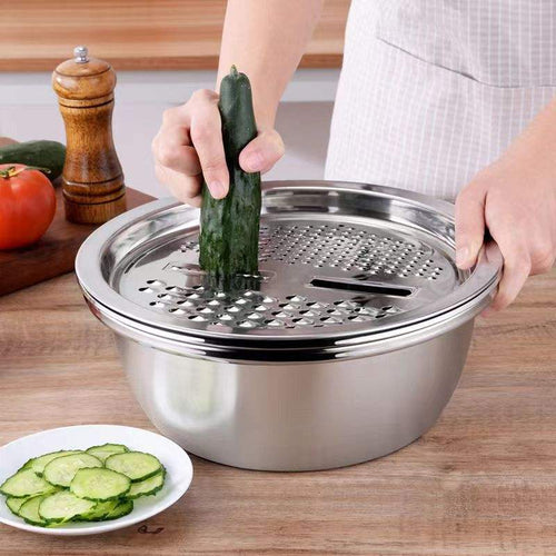3pcs Stainless Steel Kitchen Tools Set – Chopper, Slicer, Grater &amp; Drain Basin